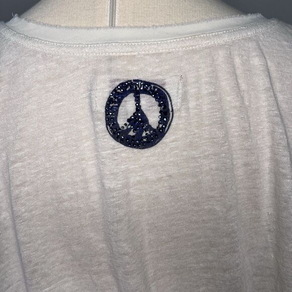 Mos Mosh Women's Cream Listen to Heart Peace Sequin Linen Size Medium Gosh Tee - Picture 5 of 9